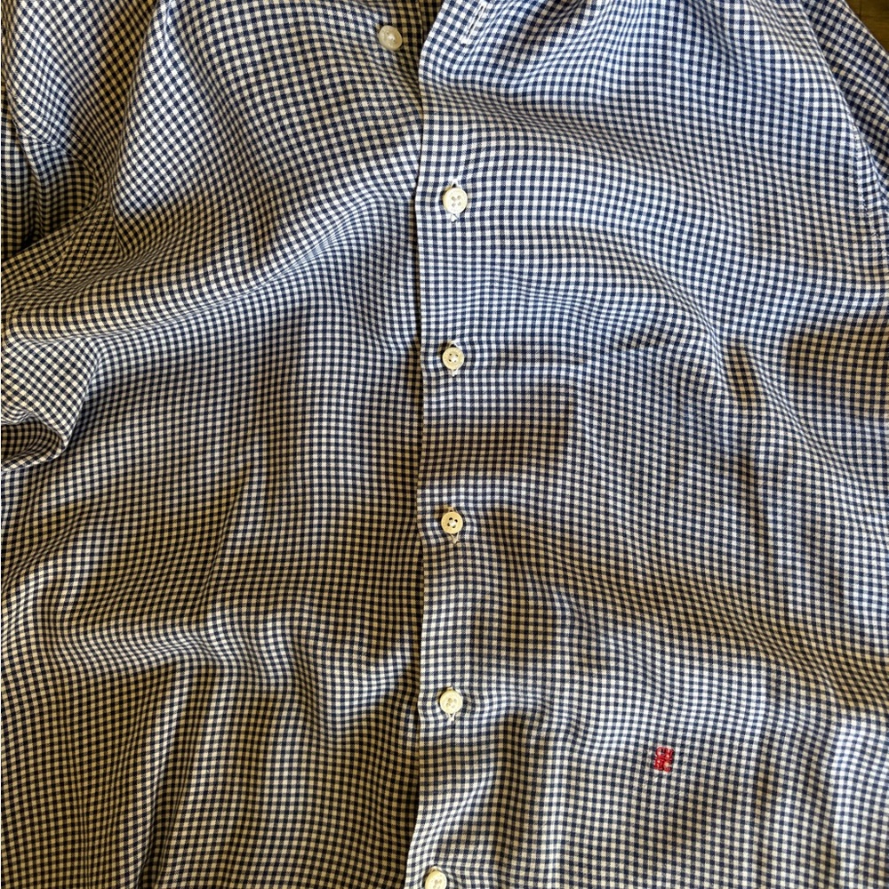 Carolina Herrera Navy and White Gingham Button-Down Shirt with Red Logo Detail